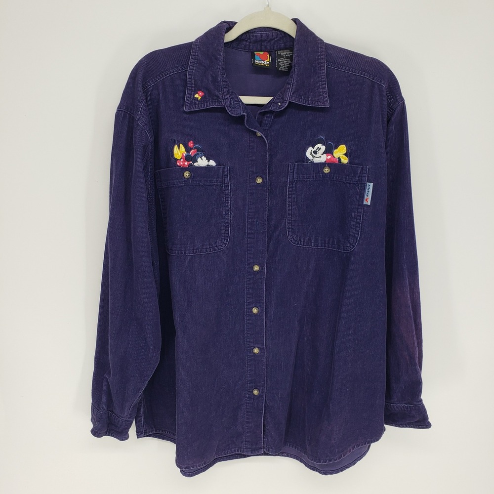 Vintage 90s Disney Mickey Embroidered Corduroy Button Down Shirt Women L Navy